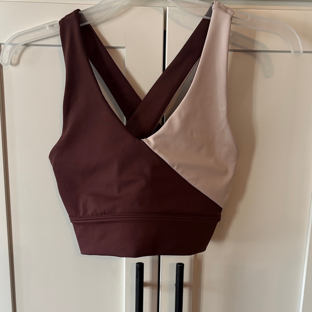 Two-Tone Brown and Cream Sports Bra – Cross-Back Support